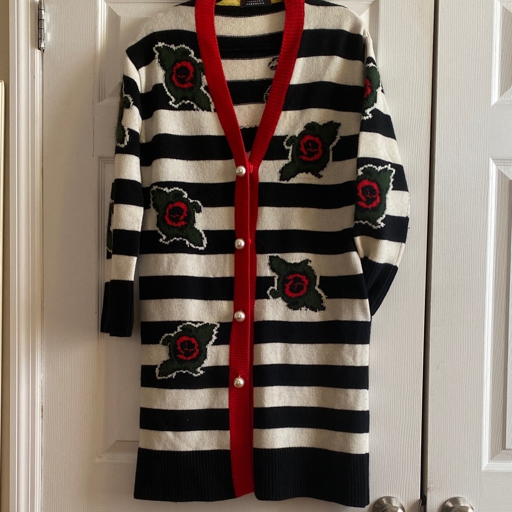 Romanchic Striped Black and White Cardigan with Red Flower Accents Medium